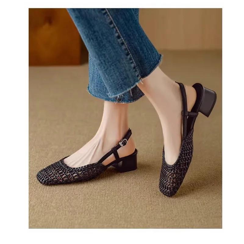 Fashion French Shallow Women's Sandals Summer New Mesh Hole Office Career Shoes Hollow Buckle Strap Roman Mid Thick Heel Sandalias