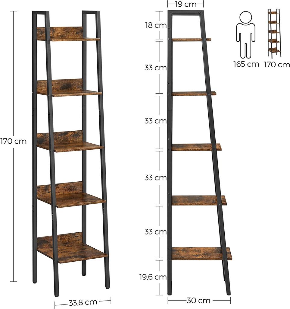 VASAGLE Ladder Shelf, 5-Tier Narrow Shelf, Bookshelf for Home Office, Living Room, Bedroom, Kitchen, Industrial, Rustic Brown and Black LLS109B01