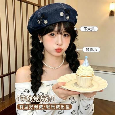 Black Cowboy Korean Children Show Face Butterfly Sweet Bud Blue Hat Beret Painter Literature and Art Big Head Circumference Small