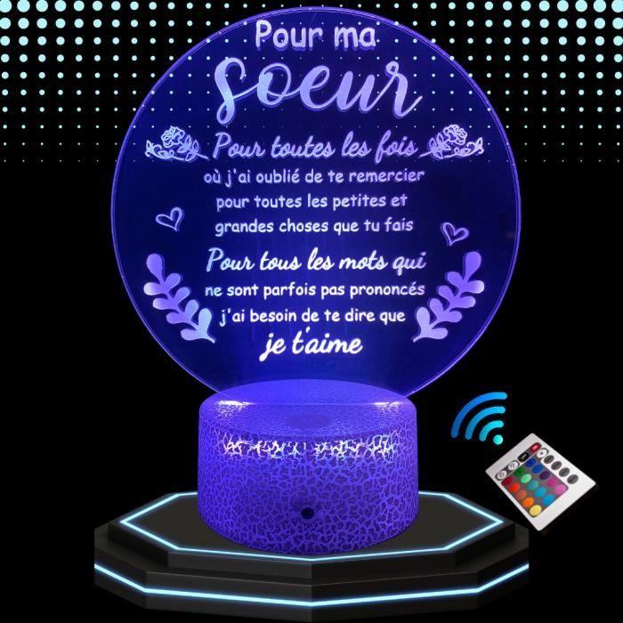 Lampe De Chevet 3D LED Message Soeur , Idée Cadeau Amour Soeur, Veilleuse Changement De Couleurs, Tactile , Noël Anniversaire