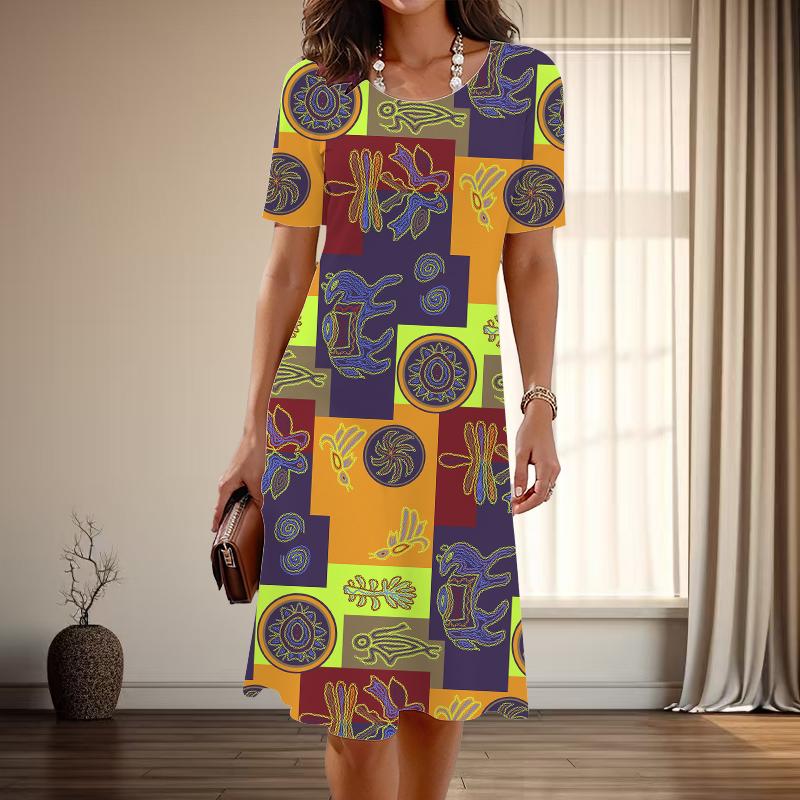 Женская мода изящный ретро принт лето весна короткий рукав О-образный вырез повседневные платья