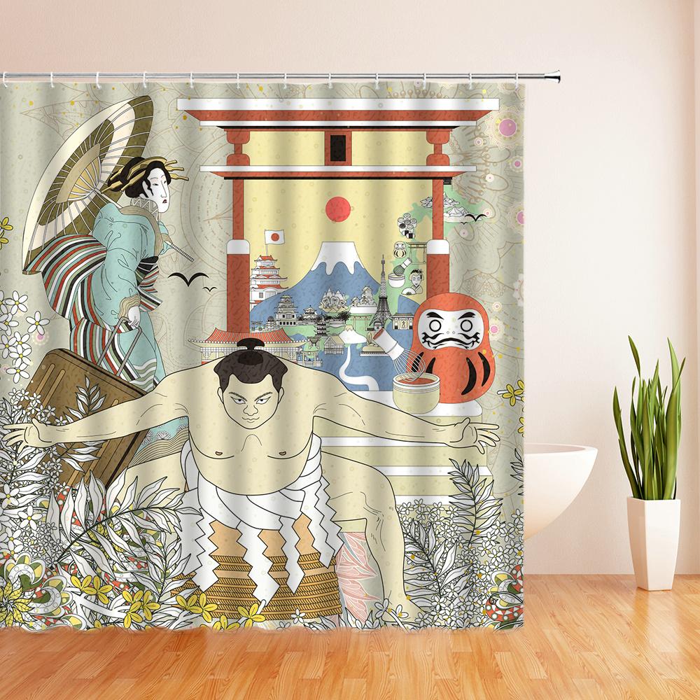 Japanese-style Shower Curtain 3d Ink Painting Bathroom Curtain Waterproof With Hooks 180*240CM Shower Curtain Polyester Fabric
