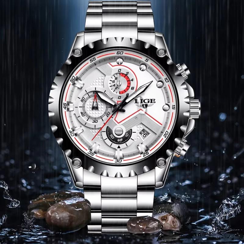 LIGE Fashion Mens Watches Top Luxury Brand Silver Stainless Steel 30m Waterproof Quartz Watch for Men Army Military Chronograph