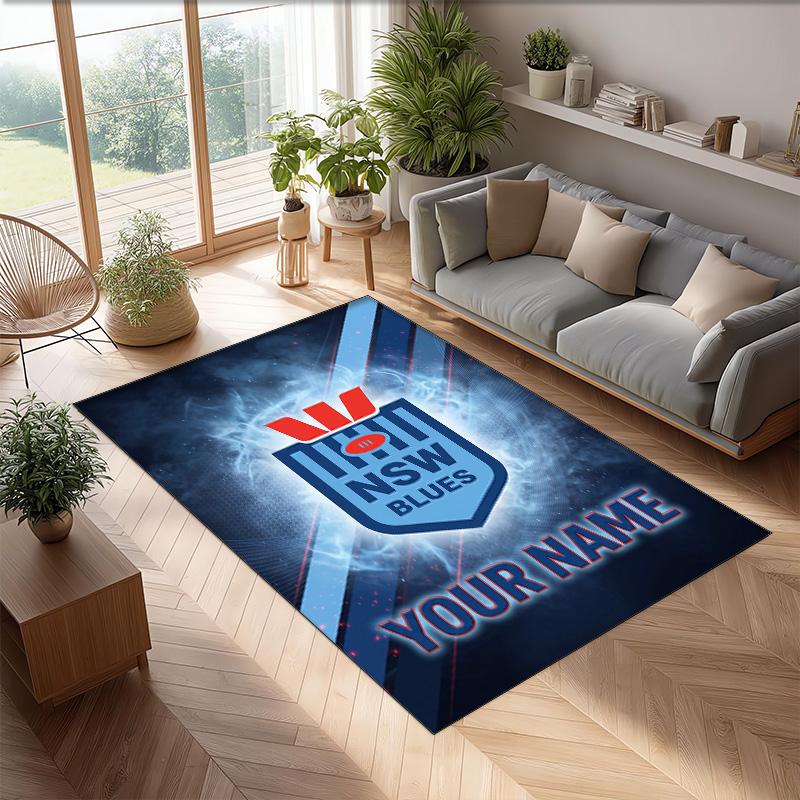 NSW Blues logo Crystal Velvet Rug, Custom Name Text Personalized Non‑Slip Floor Mat for Home Decor Gift