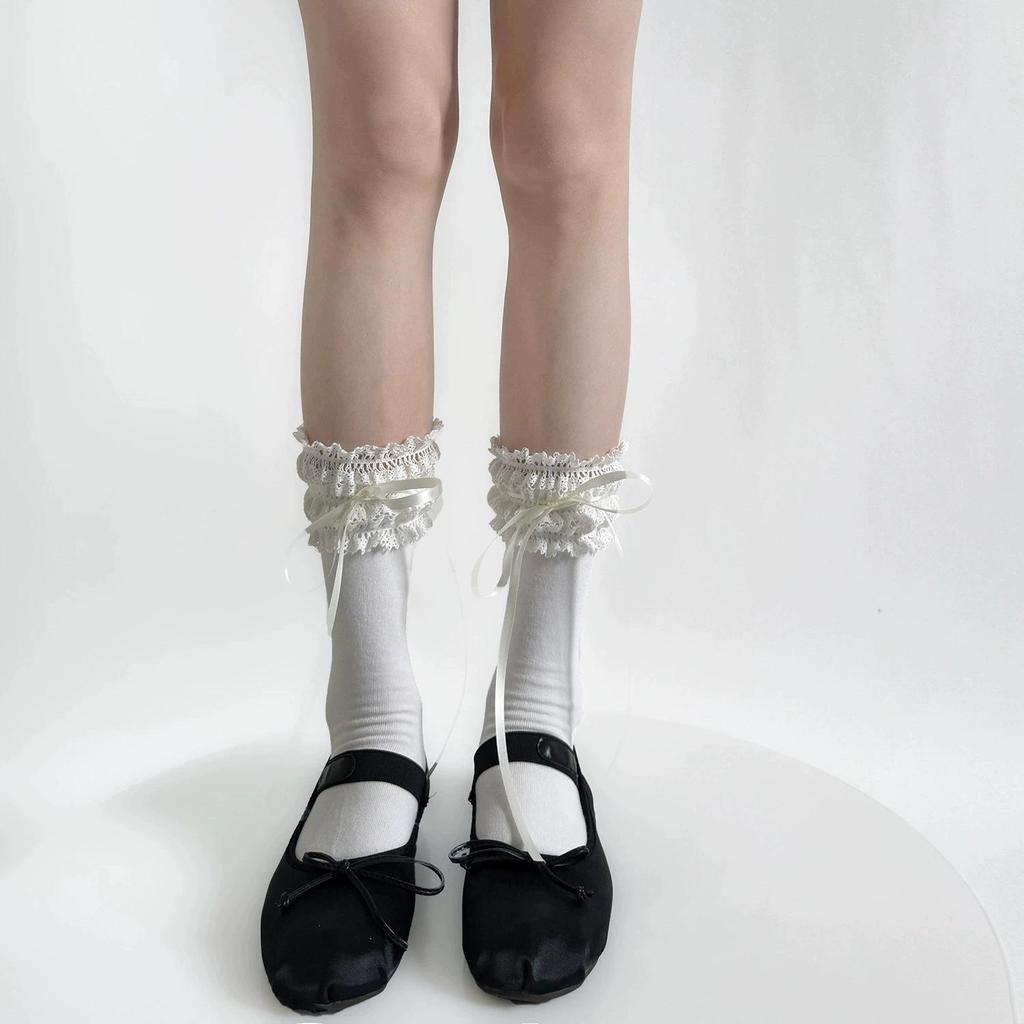 Pure Cotton Lolita Wide Lace Ribbon Bow Socks - Spring Mid-Calf Sweet Desire Style