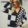 Autumn and Winter Women's Knitwear Plaid Splicing Plus Size Sweater Knitted Cardigan