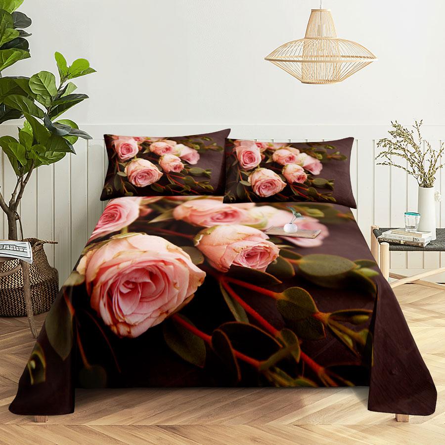 Bedsheets Set With Pillows Case Queen Size Soft Bed Sheets And Pillowcases For Single Double Beds Twin Pink Flower Thin Fabric