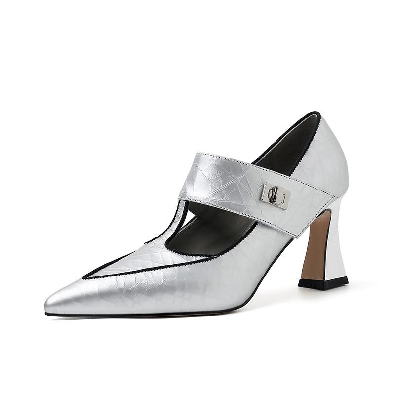 Мода Легкая Роскошь 2024 Винтажная Кожа Коровы Золотые Туфли Мэри Джейн С Танга Женские Толстые Каблуки Остроносые Одинарные Туфли Женские Высокие Каблуки