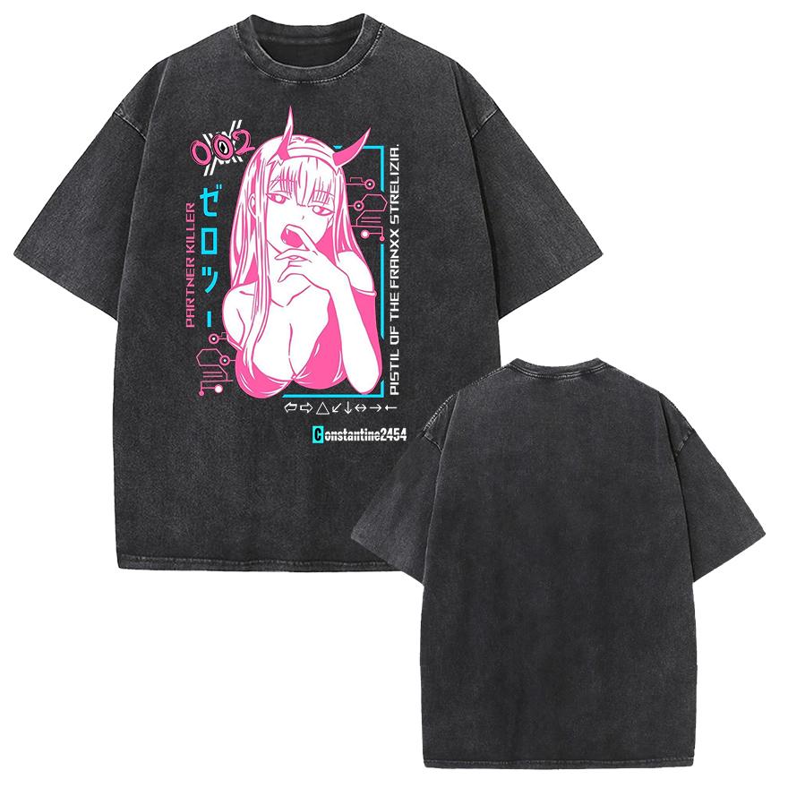 Аниме Футболка с принтом Зеро Ту DARLING in the FRANXX Стиранный Хлопок Мужская Женская Одежда Летние Оверсайз Футболки с Коротким Рукавом