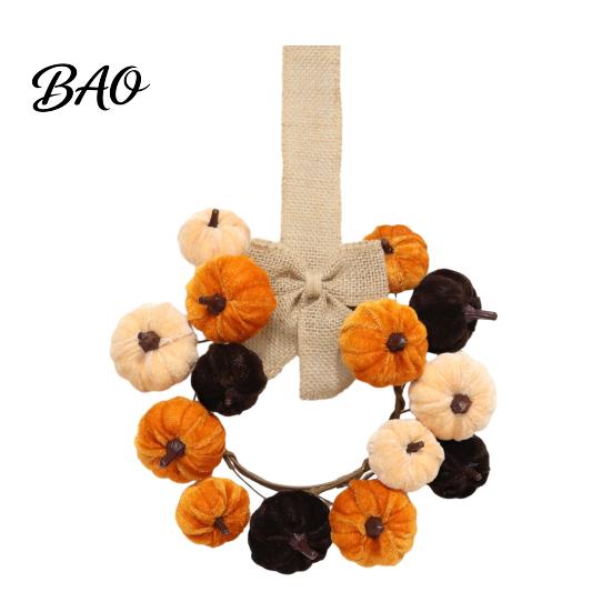 Harvest Theme Home Accents Thanksgiving Pumpkin Wreath, Artificial Velvet Ornament, Fall Hanging Teardrop Decorative Wreath for Wedding Swag