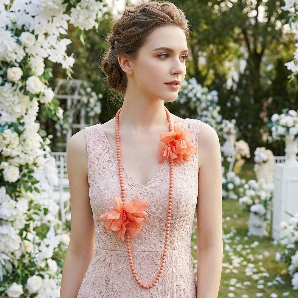 Flower Designing Long Necklace Elegant Style Belly Jewelry Pearls Accent Necklace  Daily Accessory