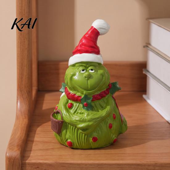 Micro Landscape Accessories Christmas Green Monsters Ornament with Santa Hat And Scarf, Resin Frog Small Sculptures Figurine for Home Decoration,