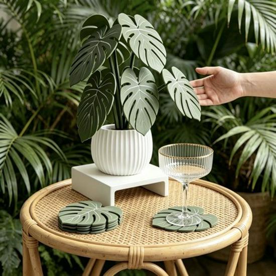 Monstera Leaf Coaster: Creative Table Centerpiece with Simulated Green Potted Plant Leaves