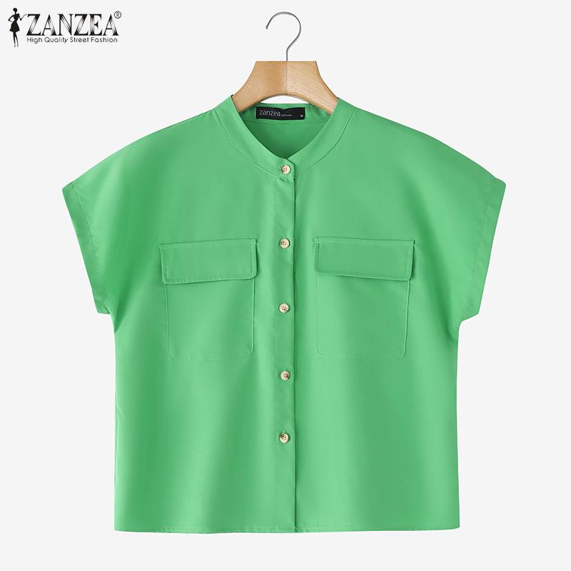 ZANZEA Женская летняя блузка свободного покроя с круглым вырезом и коротким рукавом