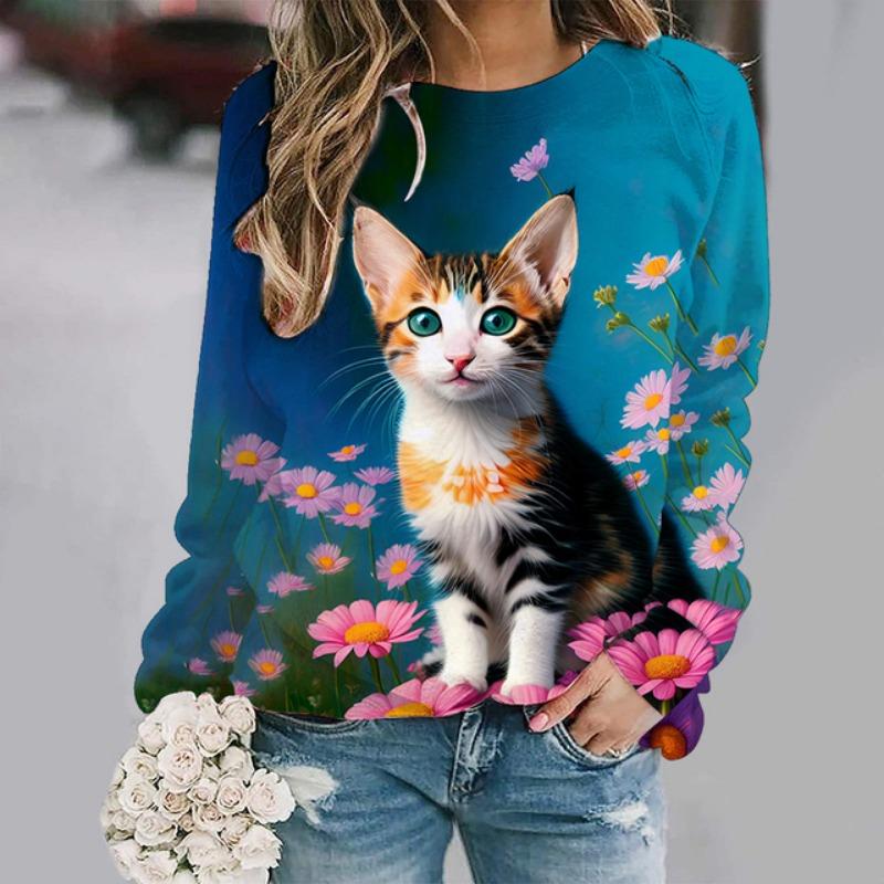 Милые кошачьи цветочные толстовки с 3D-принтом и животными, женские повседневные толстовки с длинным рукавом, уличная одежда Y2k, пуловеры, верхняя женская одежда