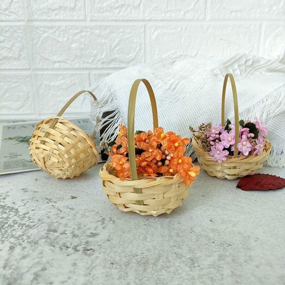 With Handle Braid Flower Baskets Yellow Handheld Baskets Creative Weaving Basket Wedding Supplies