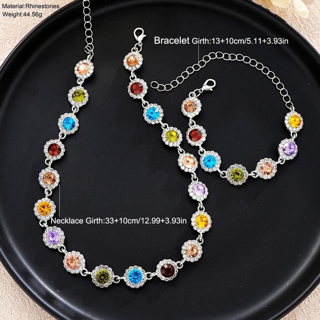 Colorful Crystal Choker Necklace Bracelet for Women Sparkly Rhinestone Clavicle Chain Bracelet Fashion Jewelry Set