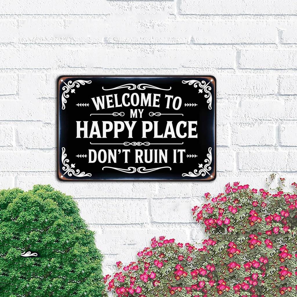 Happy Place Vintage Statement Tin Metal Sign Funny Rustic Style Garden Metal Sign for Home Patio Farm Coffee Bar Wall Decor