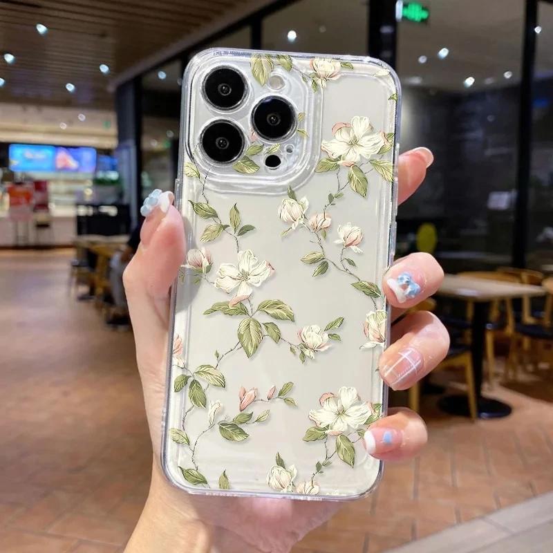 Fresh Style White Green Floral Print Phone Case for iPhone 17 16 15 14 13 12 11 Series Pro Max Plus Double Layer Protection