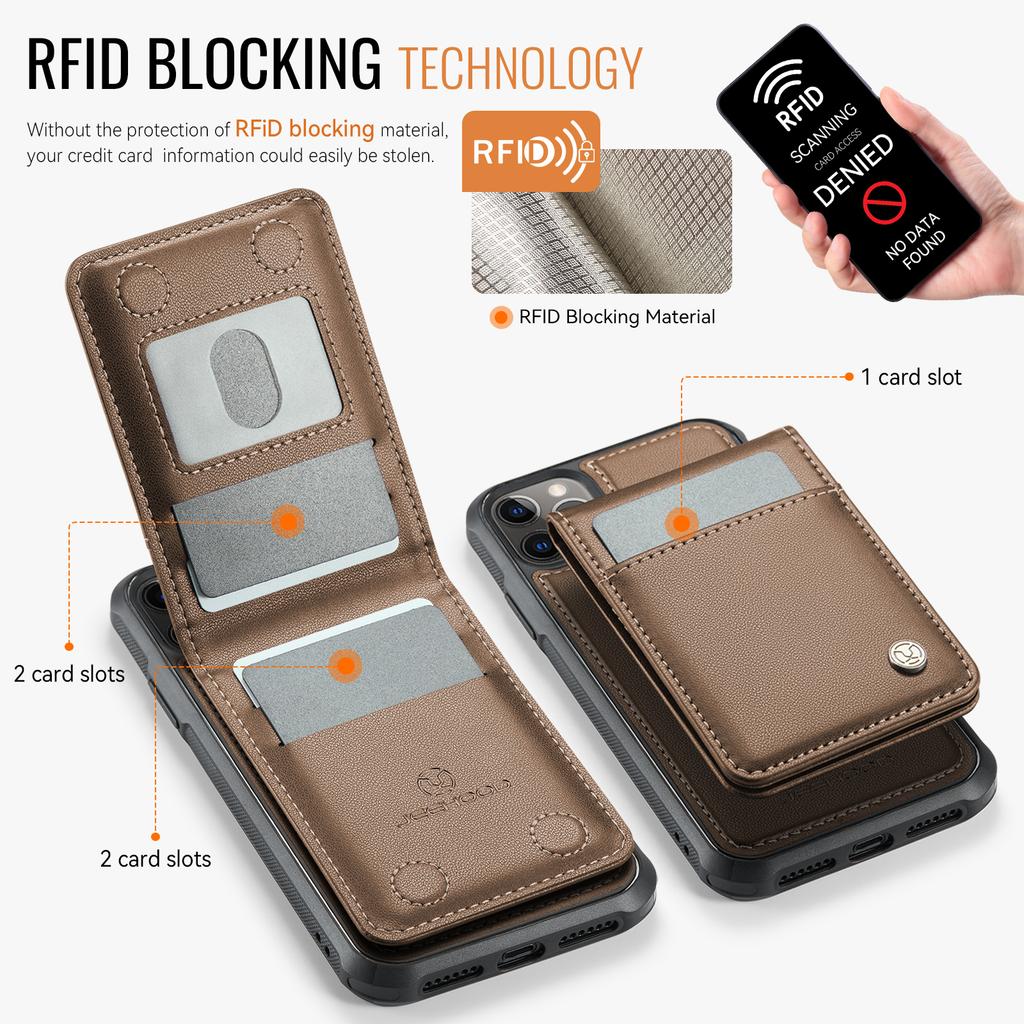 For iPhone 11 Pro Leather Back Cover Compatible with MagSafe JEEHOOD J06 Phone Case with Card Bag RFID Blocking