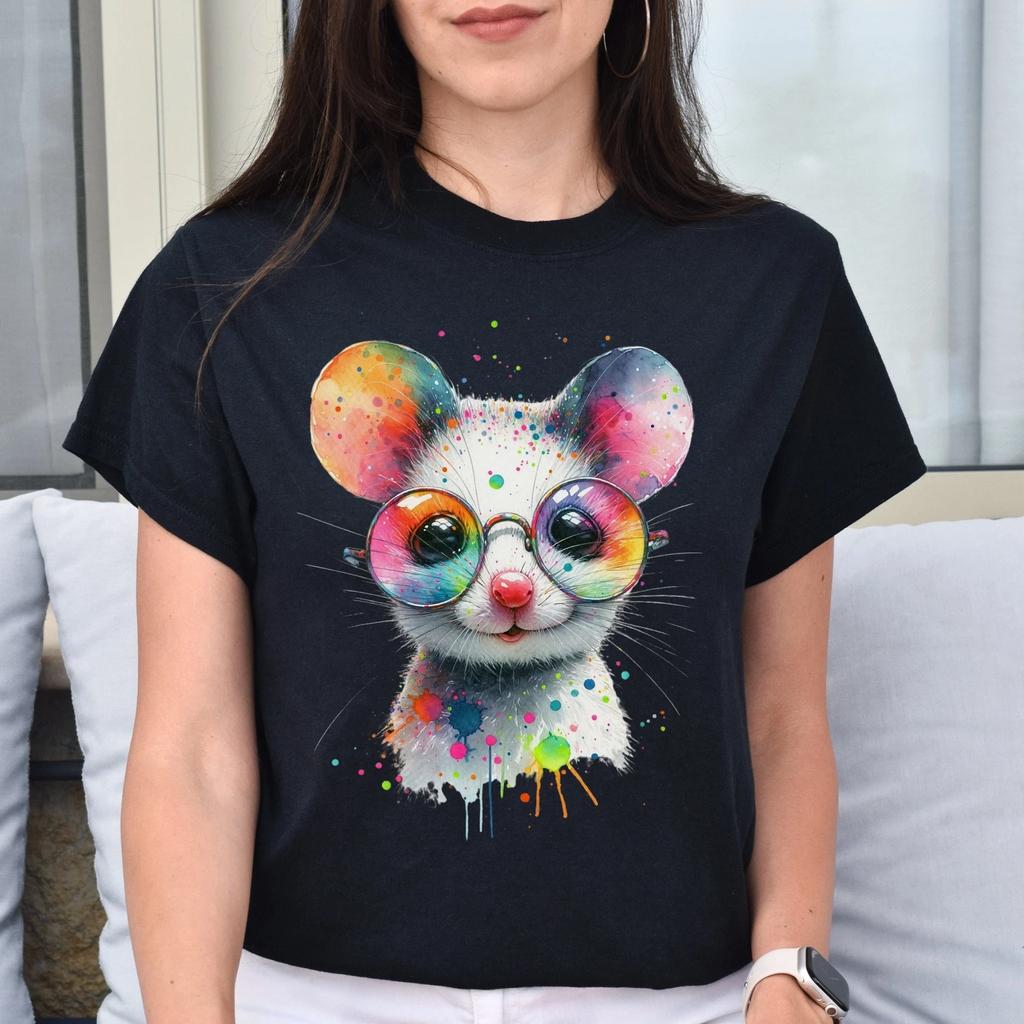 Whimsical mouse with glasses Color Splash Unisex T-shirt Black Navy Dark Heather