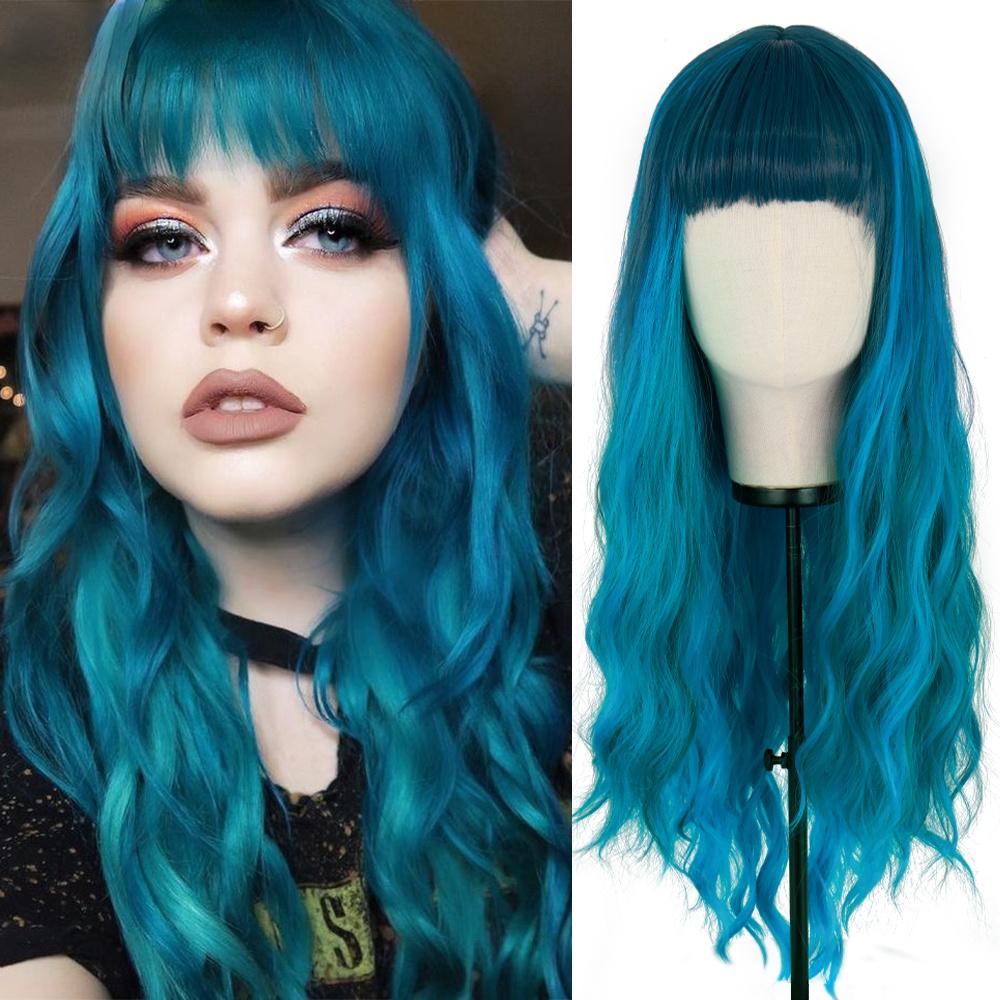 MERISIHAIR Long Ombre Synthetic Orange Red Black Pink Wigs with Bangs Water Wave Synthetic Heat Resistant Fiber Wigs for Women