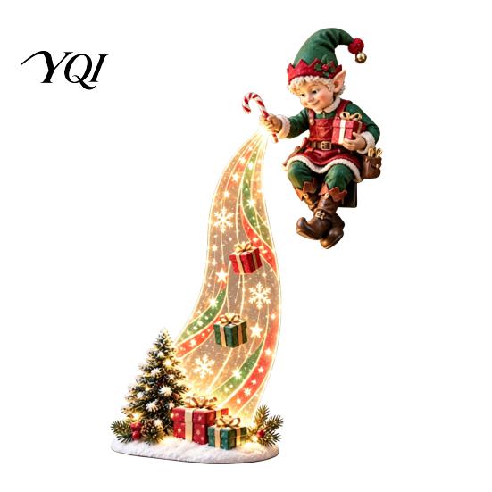 Decorative Plastic Holiday Figures LED Waterfall Christmas Shelf Sitter Figurine, Light Up Santa Claus Snowman Night Angel Statue, Bookshelf