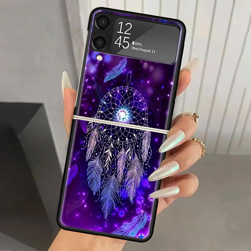 Retro Feather Dreamcatcher Hard PC Phone Case For Samsung Galaxy Z Flip 6 5 4 3 Black Cover ZFlip6 Flip5 Flip4 5G Foldable Print