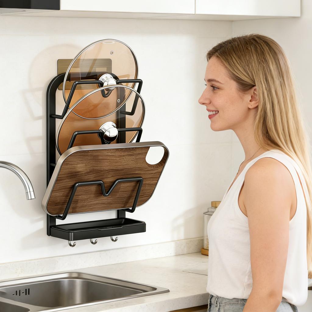 Органайзер для крышек кухонных кастрюль, Подставка для крышек кастрюль из нержавеющей стали, Многофункциональный органайзер для крышек кастрюль со съемным поддоном для сбора капель, Экономия места