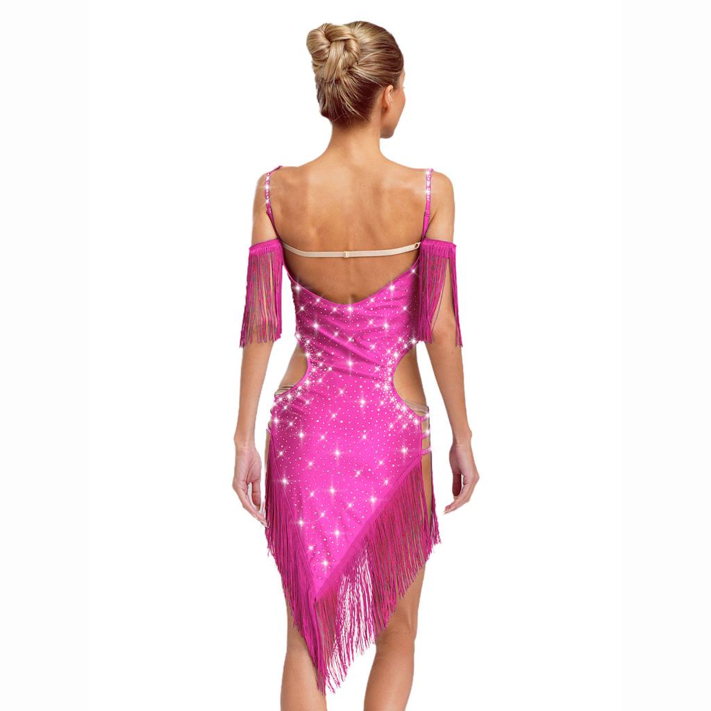Женский костюм для латиноамериканских танцев, открытая спина, вырезы, бретели-спагетти, бахрома, платье со стразами