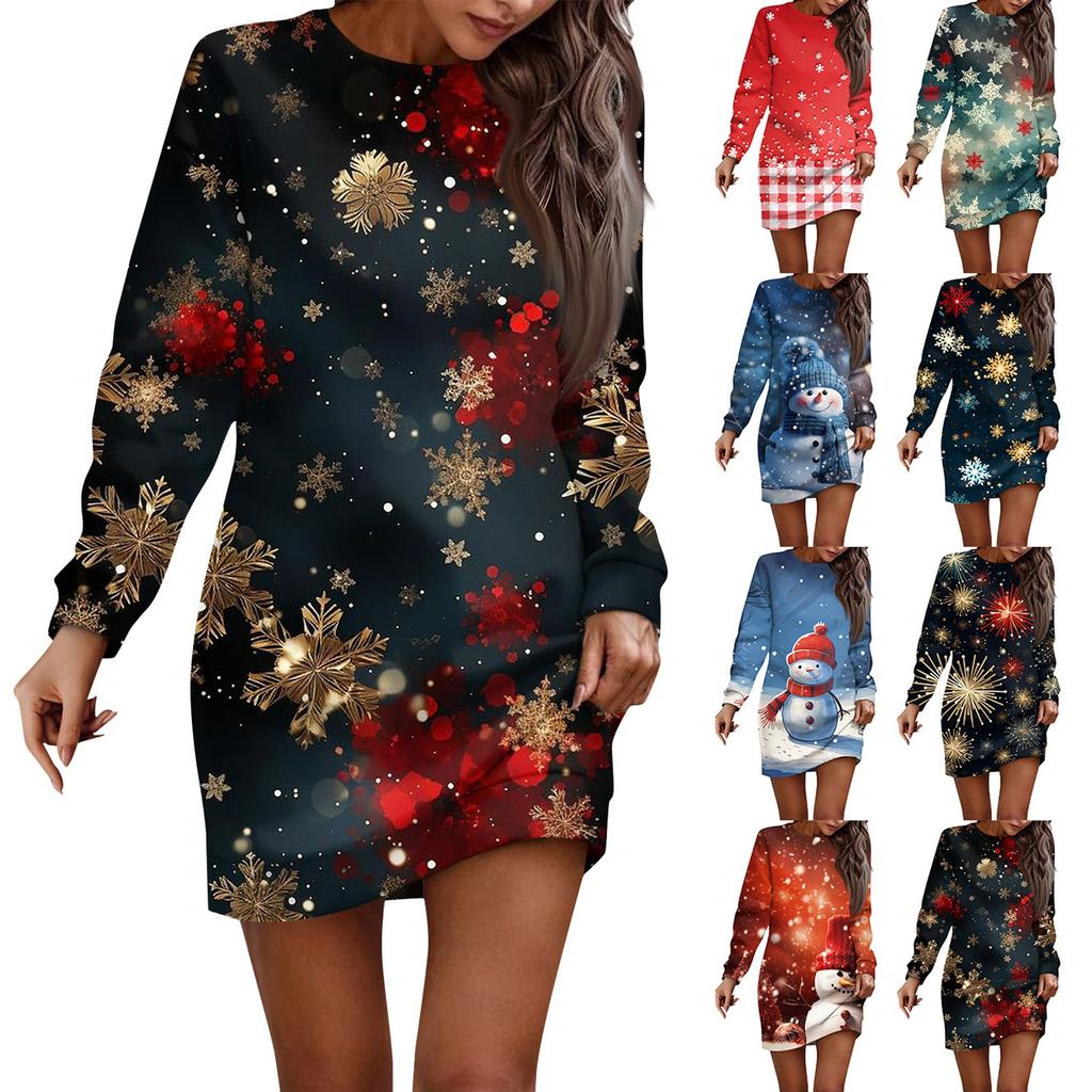Платье с длинным рукавом для женщин, повседневное рождественское пуловер с принтом, платье-свитер, осень