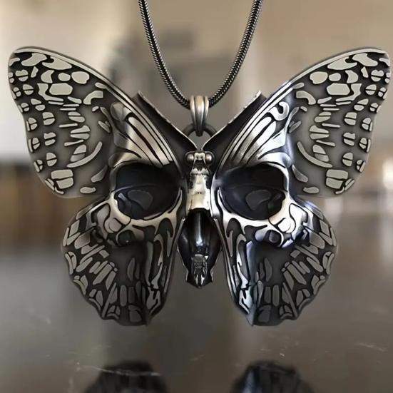 Skull Butterfly Necklace Gothic Butterfly Pendant Necklace Dark Style Hip-hop Necklace Insect Jewelry Gift for Women Men