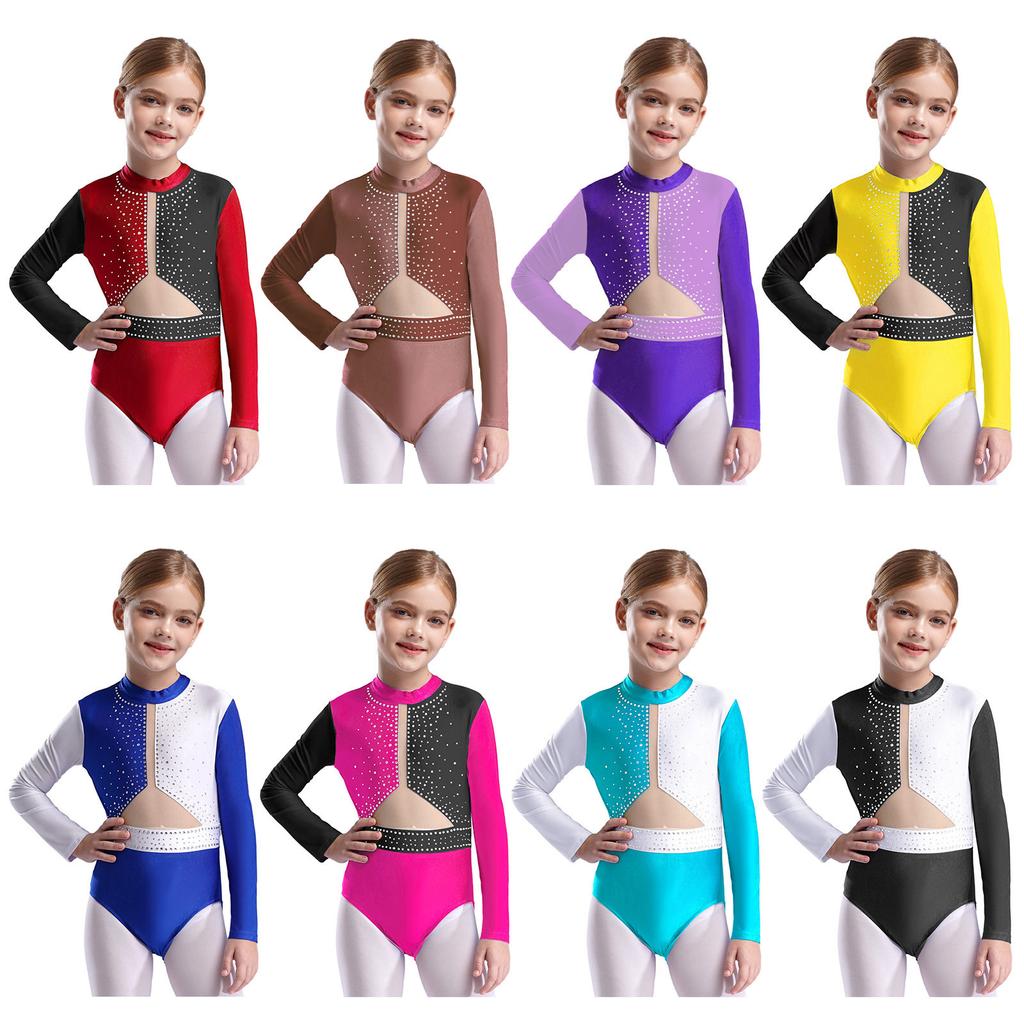 Гимнастический купальник для девочек, фигурное катание, балетные купальники, длинный рукав, стразы, сетчатый комбинезон, танцевальная одежда, боди для джазовых танцев, костюм для латинских танцев