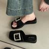 Fashion Versatile Sandals Solid Color Rhinestone Square Buckle One-word Slippers Women's Summer Fashion Wear Slope Heel Beach Cool Slippers