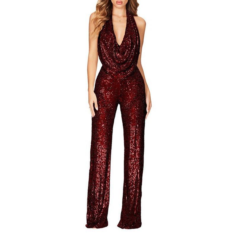 Fashion New 2025 Summer Jumpsuit Women's Sleeveless Neck Sequined Jumpsuit Women