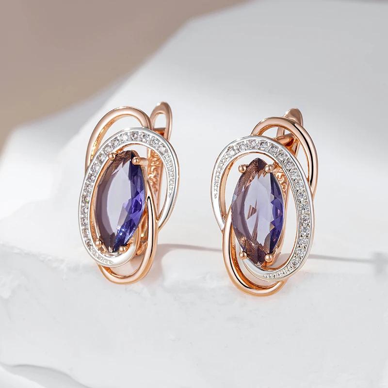 1 Pair Marquise Cut Purple Zircon Earrings for Women Vintage Gold Color Geometric Dangle Earrings Unique Wedding Jewelry Party Accessories