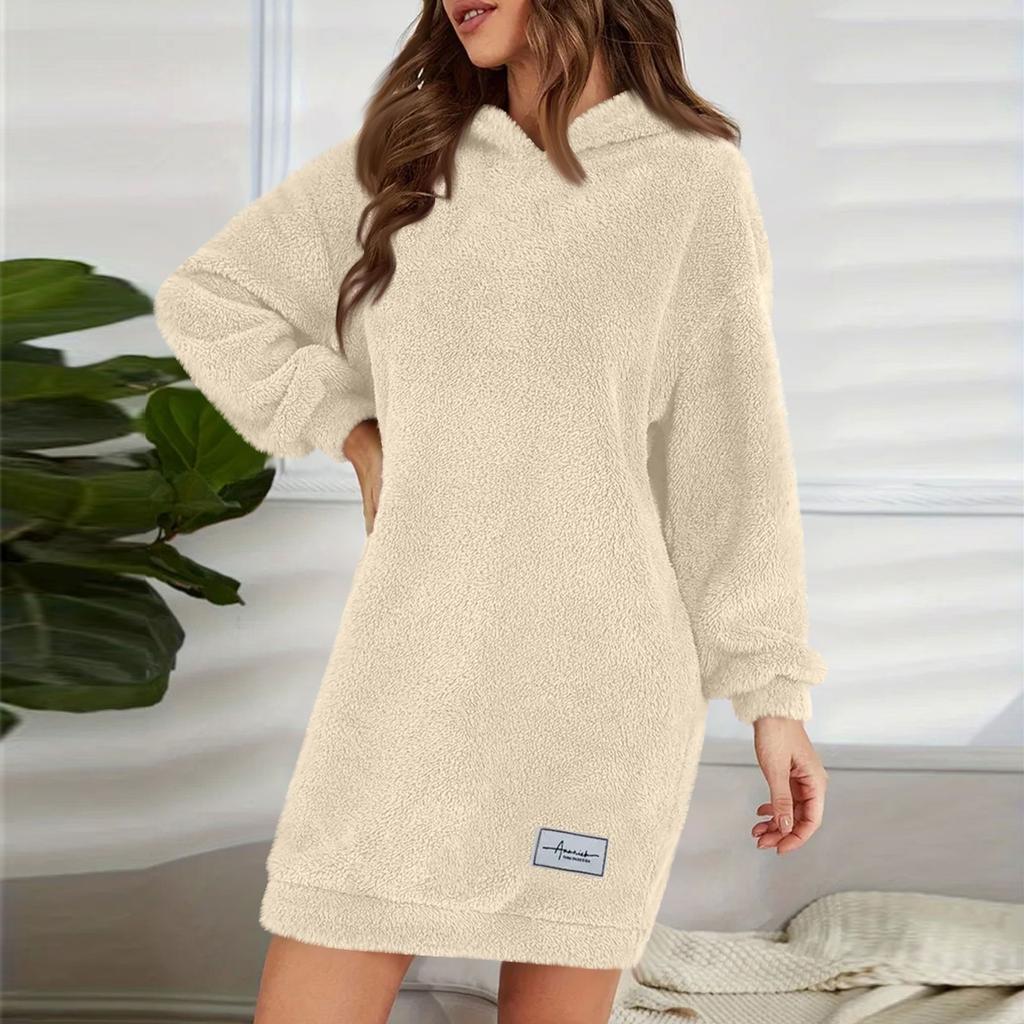 Women's Fashion Hooded Long Sleeve Plush Dress Solid Color Casual Sweatshirt
