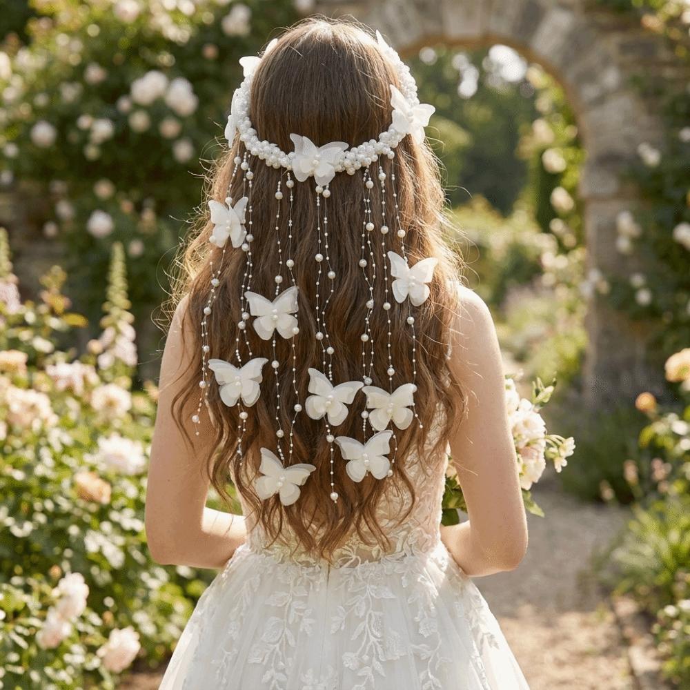 Long Butterfly Headdress Tassel Bridal Hairpiece New Style Pearl Headband Party