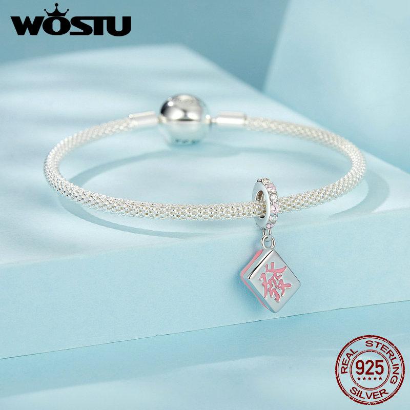 WOSTU 925 Sterling Silver China Culture Mahjong Charms Pendant Yellow Dragon Blessing Bags Beads Fit Bracelet DIY New Year Gift