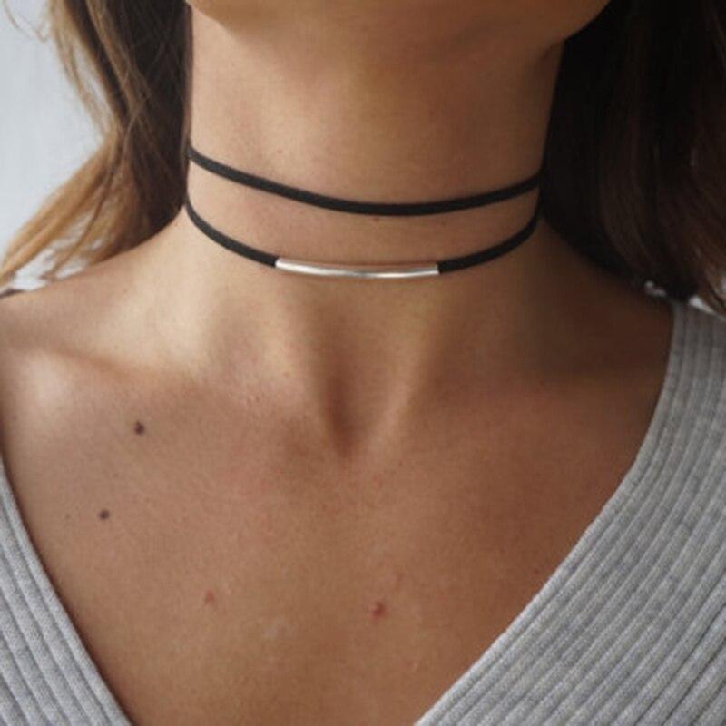 New Fashion Bending Tube Velvet Choker Necklace Double Layer Style Torque Black Short Leather Necklace Charm Collier Femme