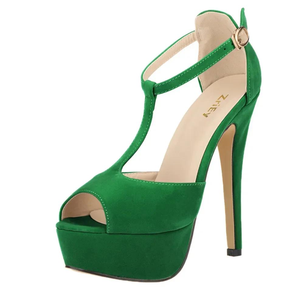 Новые женские босоножки на платформе из замши на высоком каблуке 14 см, сексуальные туфли-лодочки с открытым носком и ремешком на щиколотке, туфли-лодочки с Т-образным ремешком для вечеринки и свадьбы