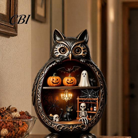 Vintage Wood Halloween Wooden Owl Tabletop Centerpiece, 2D Flat Pumpkin Ghost Bat Art Skeleton Standing Table Sign for Party, Shelf, Desk Decor Shelf