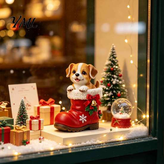 Puppy in Boots Figurine Christmas Santa Boot Resin Figurine, Cute Dog Holiday Tabletop Decor with New Year Party Decorations Bow Bell Holly,
