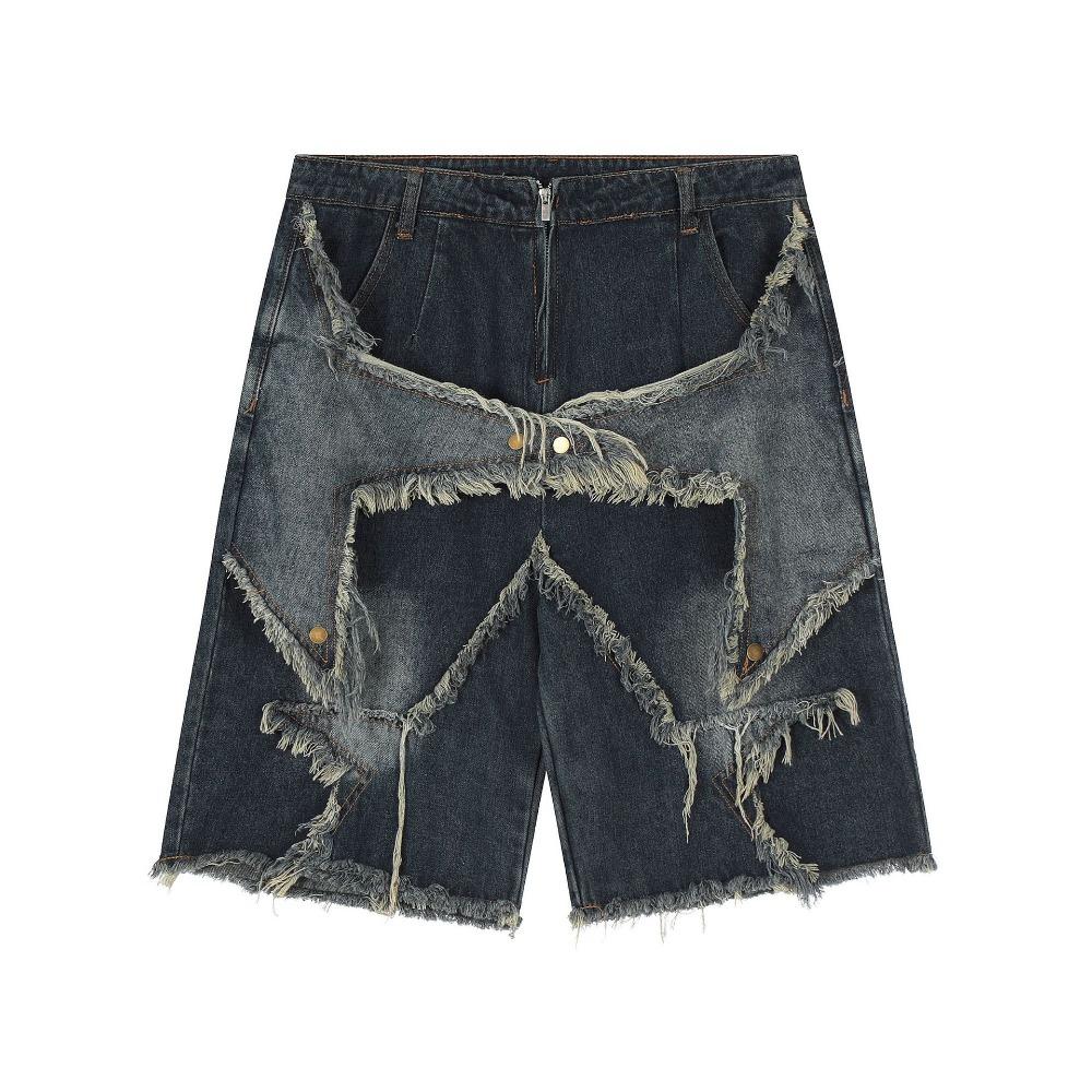 Vintage Tassel Star Denim Shorts Splicing Loose Jeans Shorts Men Hip Hop Streetwear Harajuku Y2K Shorts Summer