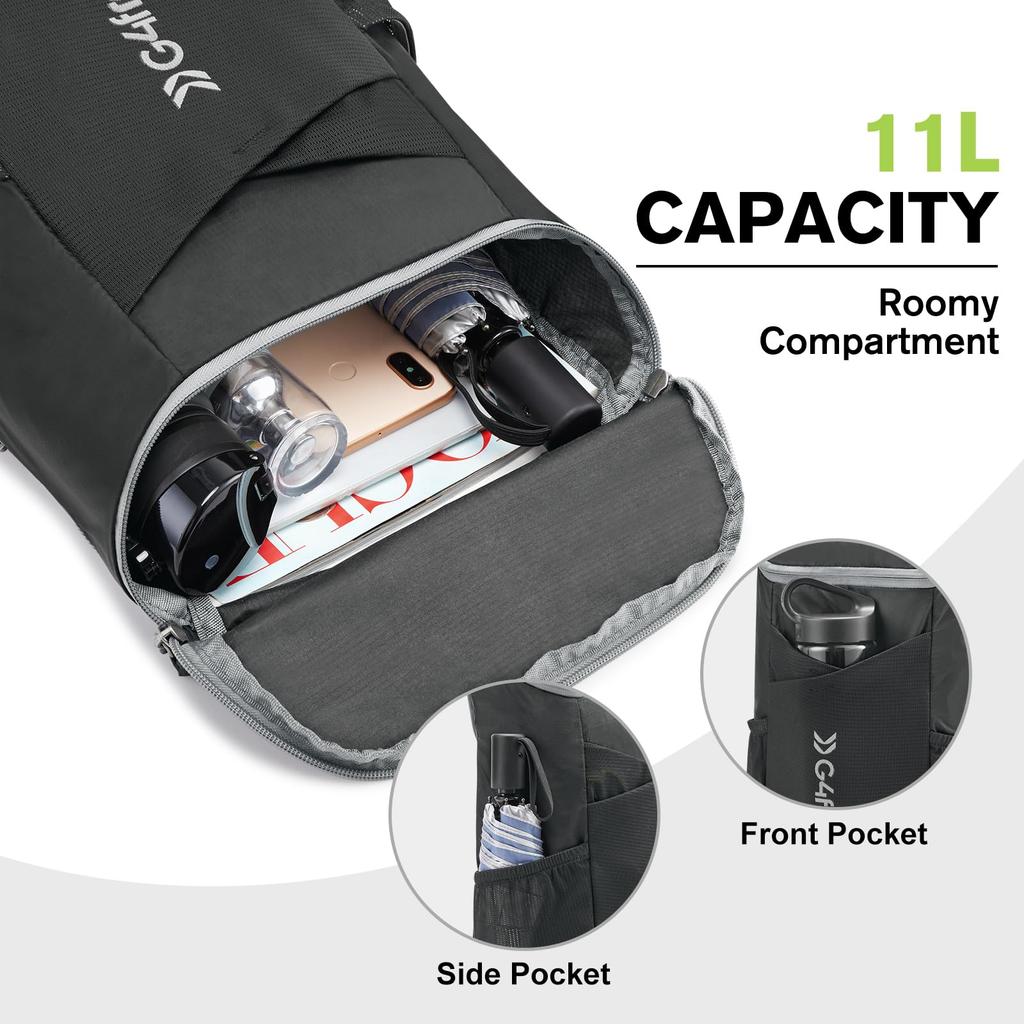 11L Hiking Ultra Packable Travel Bag for Daypack [G4Free] Backpack, Small, Lightweight, Backpack, Women, Men, Casual, Outdoor, Camping, (Black)