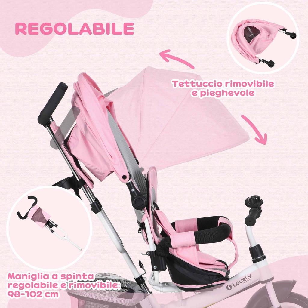 Children's Tricycle, 1-5 Years, Handle, Adjustable Canopy, 102x49x102 cm, White/Pink