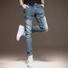 Men's Trendy Retro Slim Fit Korean Style Distressed Zipper Stitching Jeans for Autumn and Winter