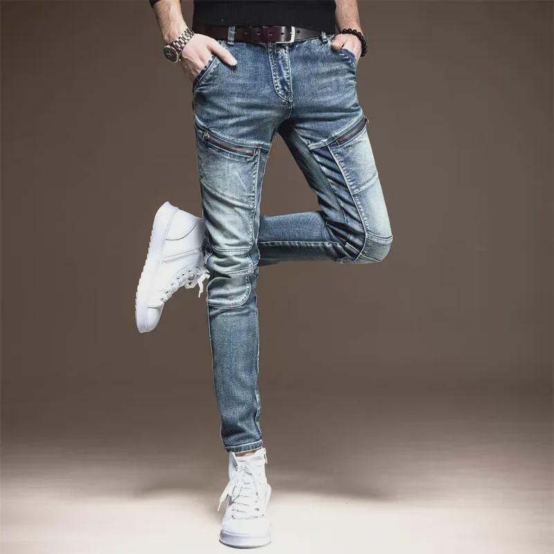 Men's Trendy Retro Slim Fit Korean Style Distressed Zipper Stitching Jeans for Autumn and Winter