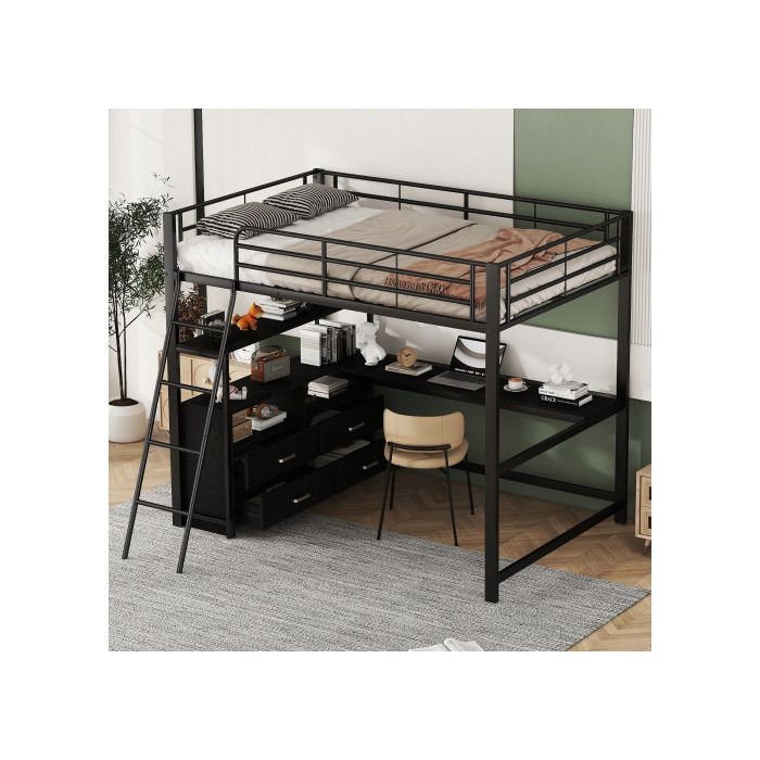 Lit mezzanine - MUVOE - 140x200cm - Bureau en L - Tiroirs pratiques - Métal noir