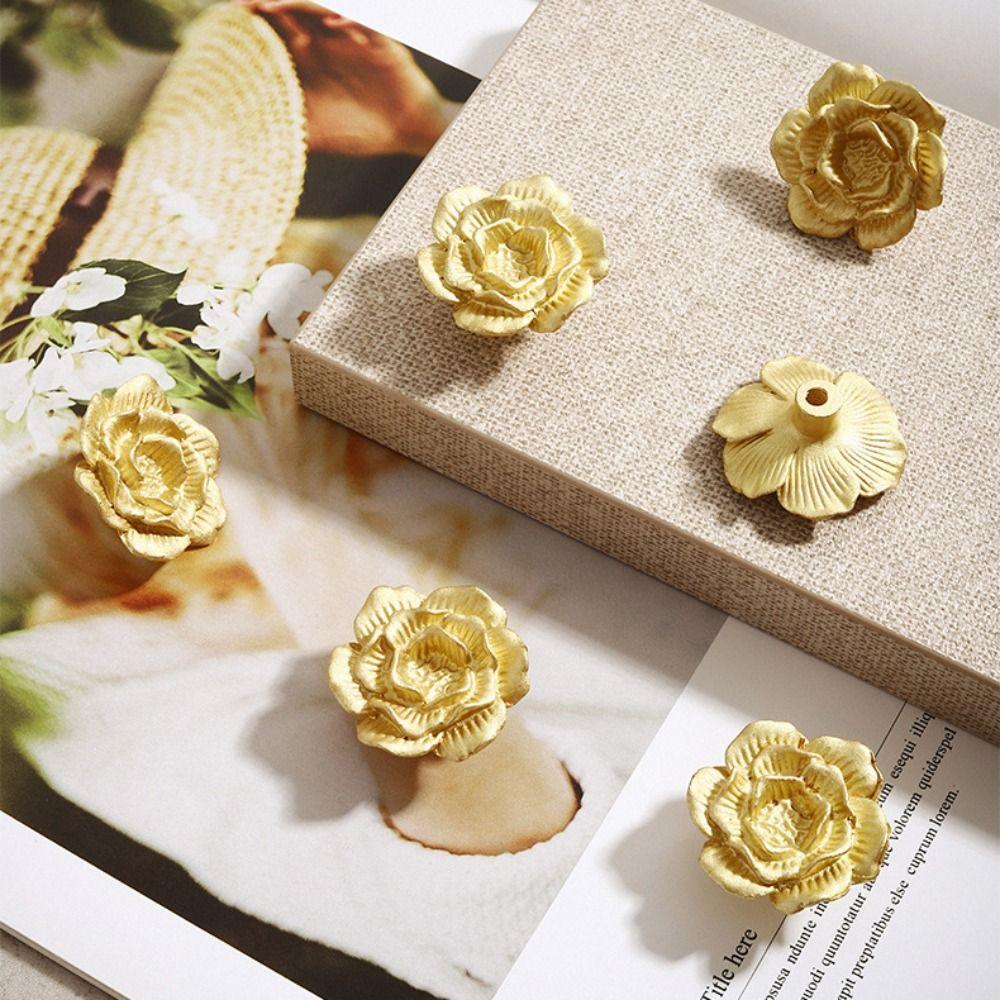 Brass Vintage Flower Pull Handle Camellia Flower Floral Shaped Knobs  Wardrobe Handles
